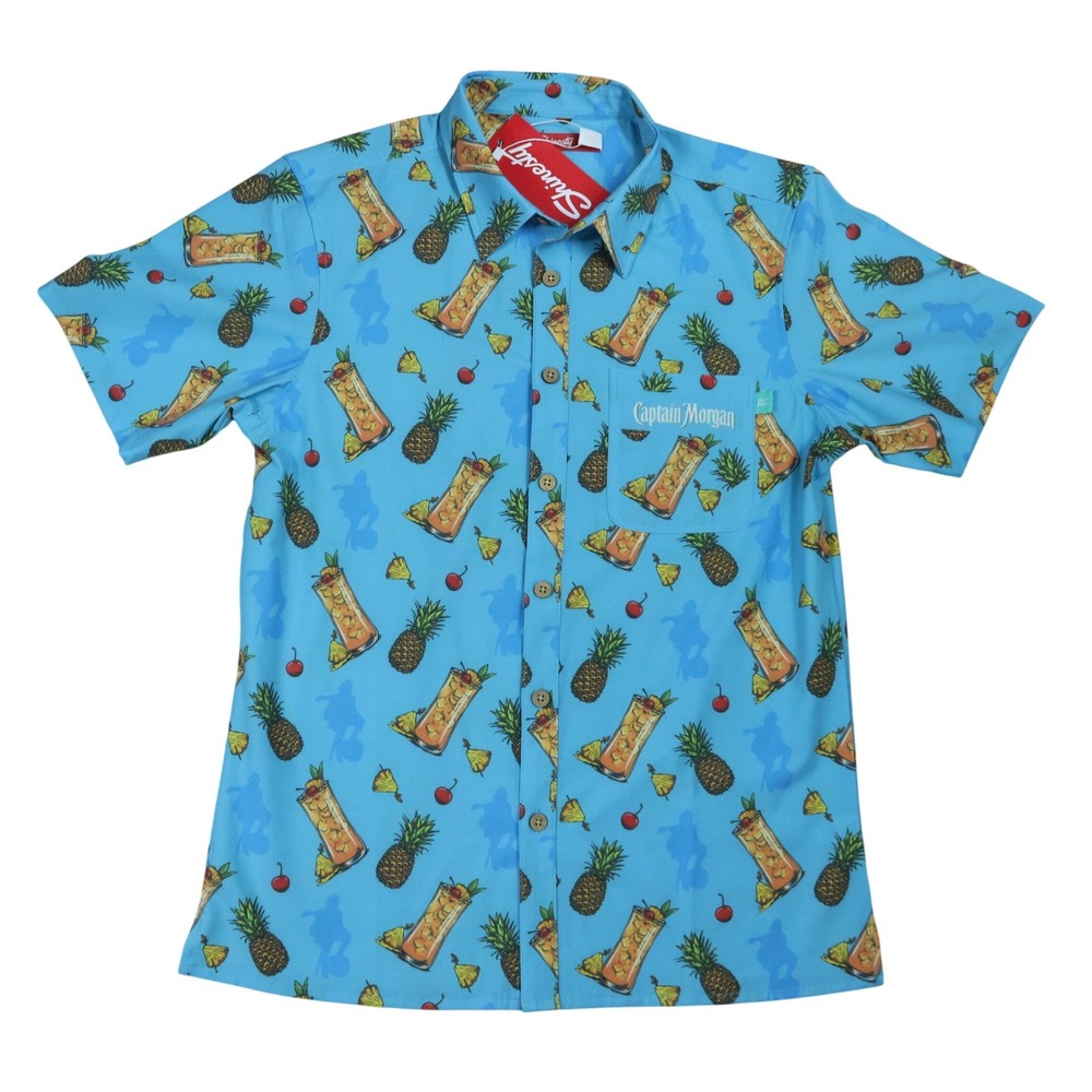 Shinesty Captain Morgan Blue Button Up Shirt Mens Medium Tropical Pineapple NWT
